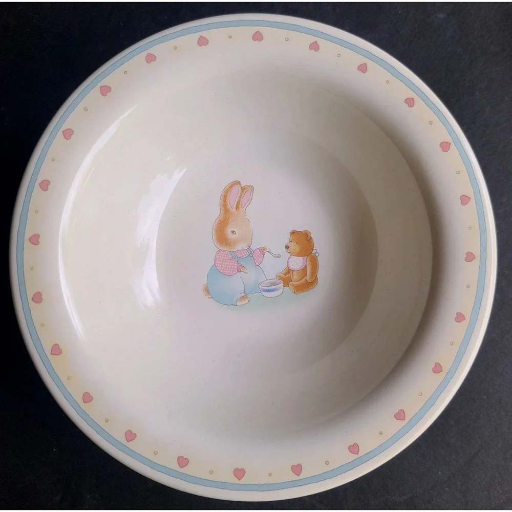 Hallmarks Beatrix Potter Childs 3 Piece Ceramic Plate Bowl Mug Set Pastel Hearts